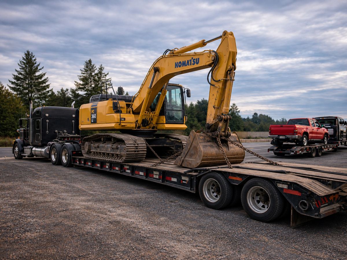Excavator loaded for equipment hauling
