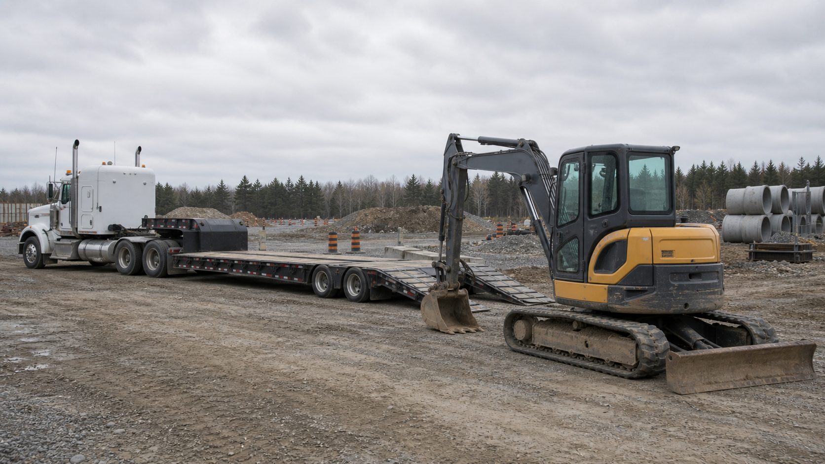 Equipment staged before moving to another jobsite for equipment hauling transport planning.