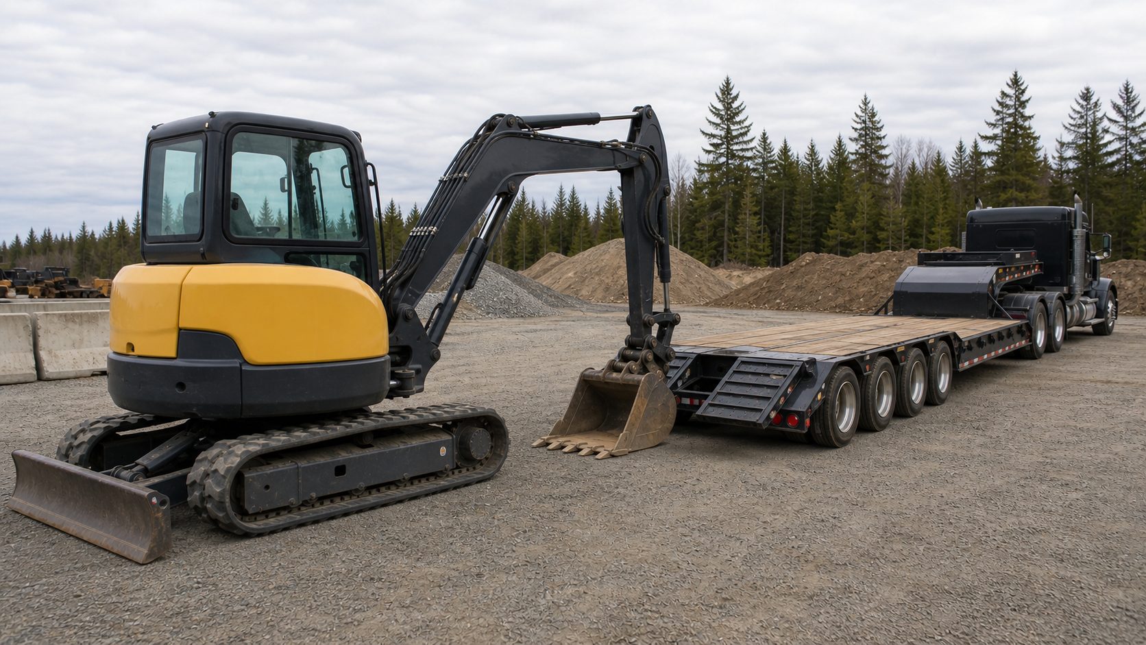 Excavator configuration before transport for equipment hauling transport planning.