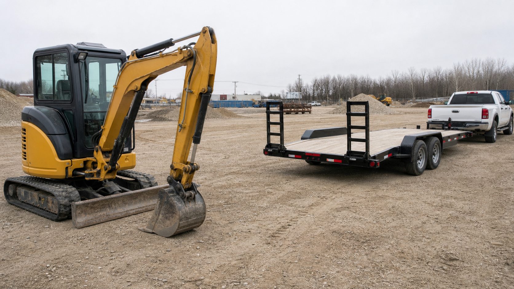 Bucket and blade affect dimensions for equipment hauling transport planning.