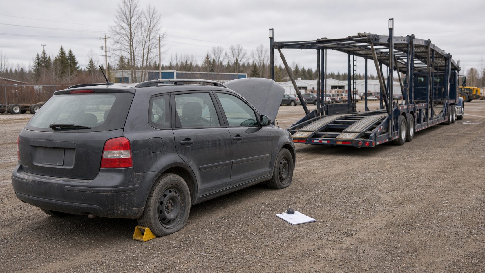 Non-running vehicle condition reviewed before loading for vehicle transport transport planning.