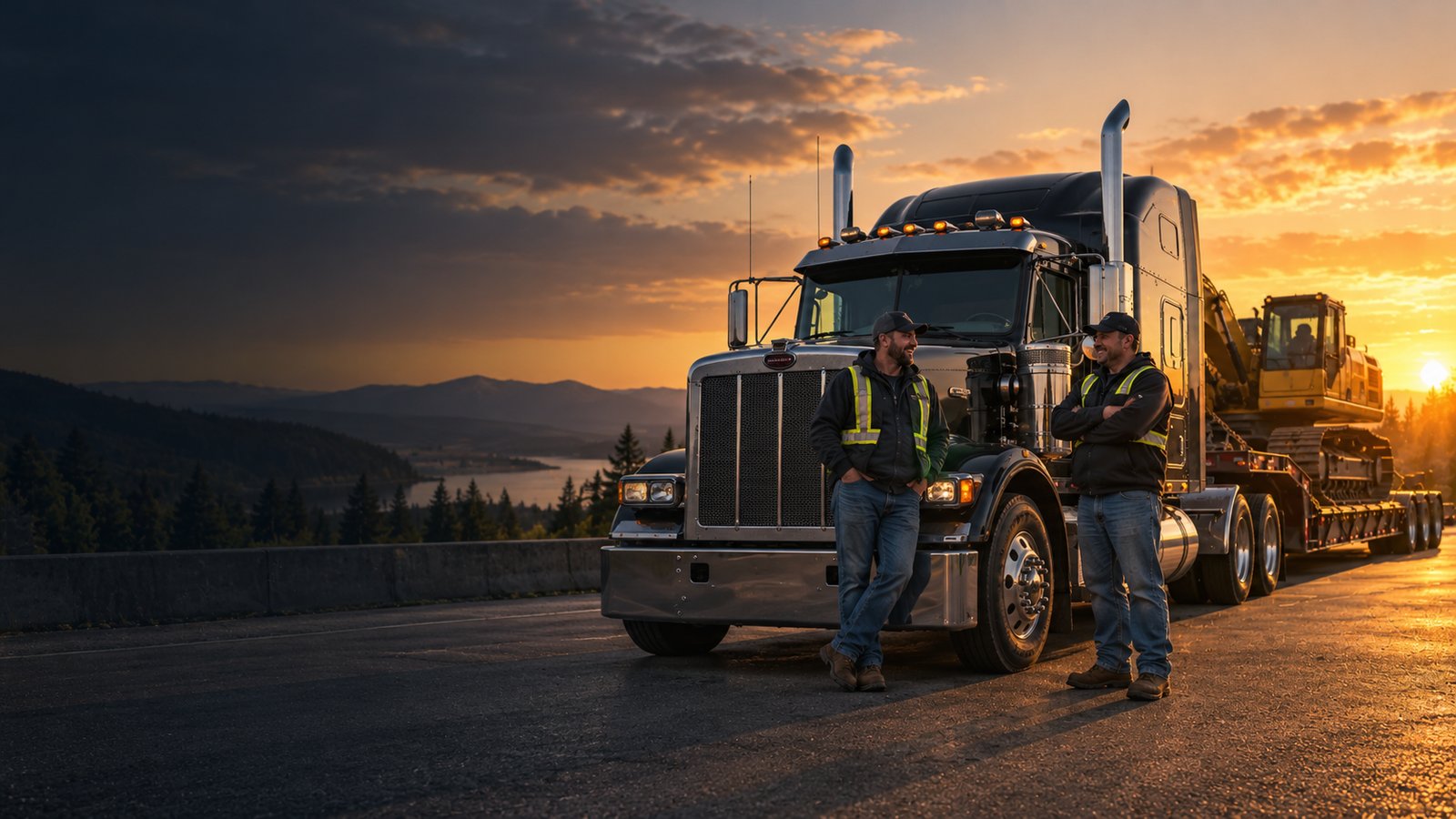 Two drivers beside a black transport truck hauling an excavator at sunset
