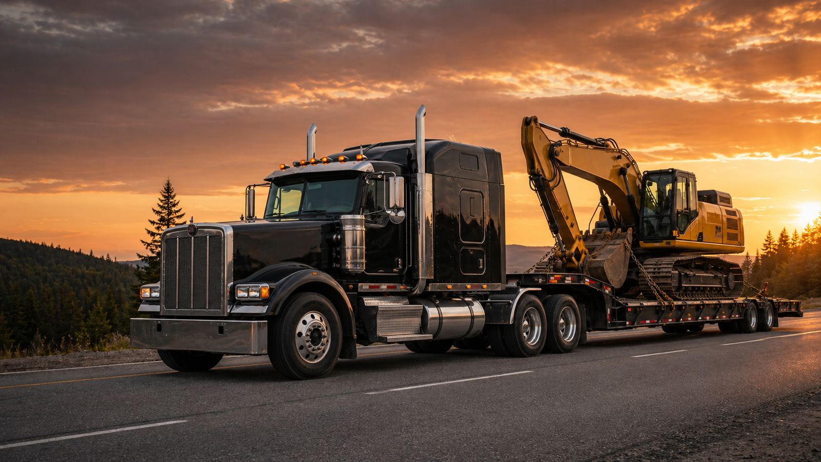 Semi truck hauling construction equipment